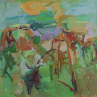 Walking-the-Farm-30x30-oil-panel-copyright-cheryl-d-mcclure